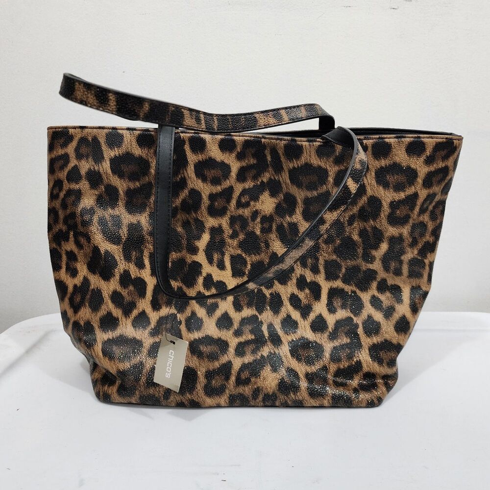 Chico's Leopard Print Tote Bag NWT Purse Shoulder Bag Vinyl Large Brown 10x16x6